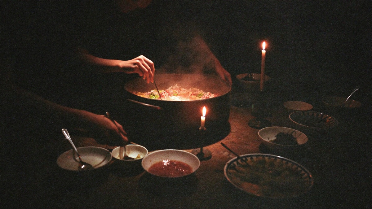 A steaming pot of soup being ladled into mismatched bowls by candlelight
